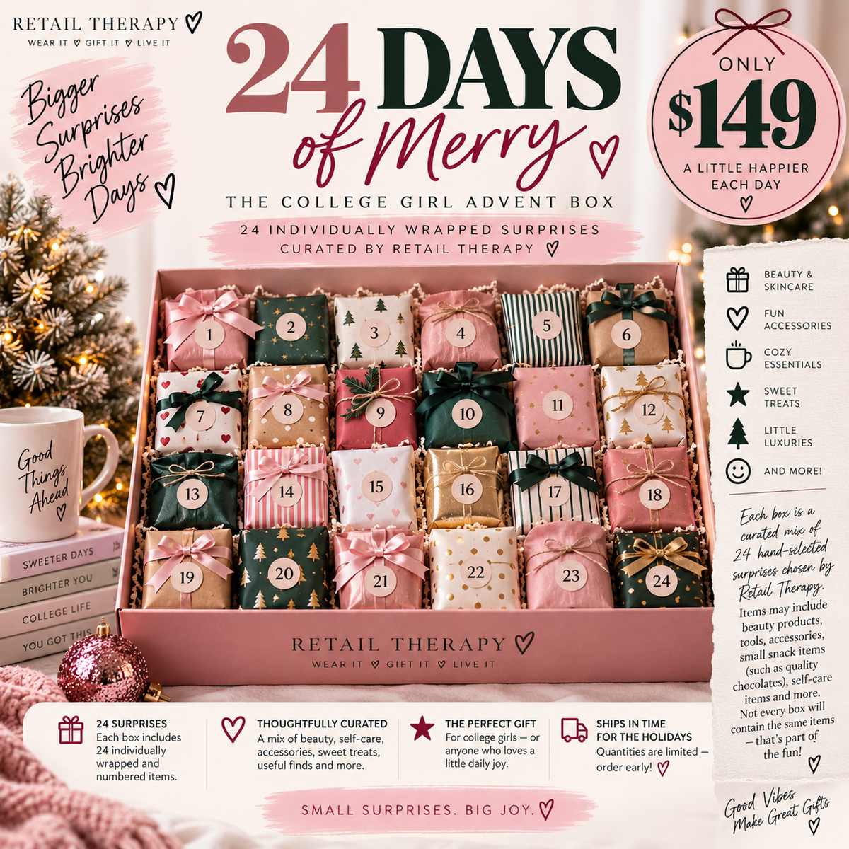 24-day college girl advent box with 24 individually wrapped Christmas surprises