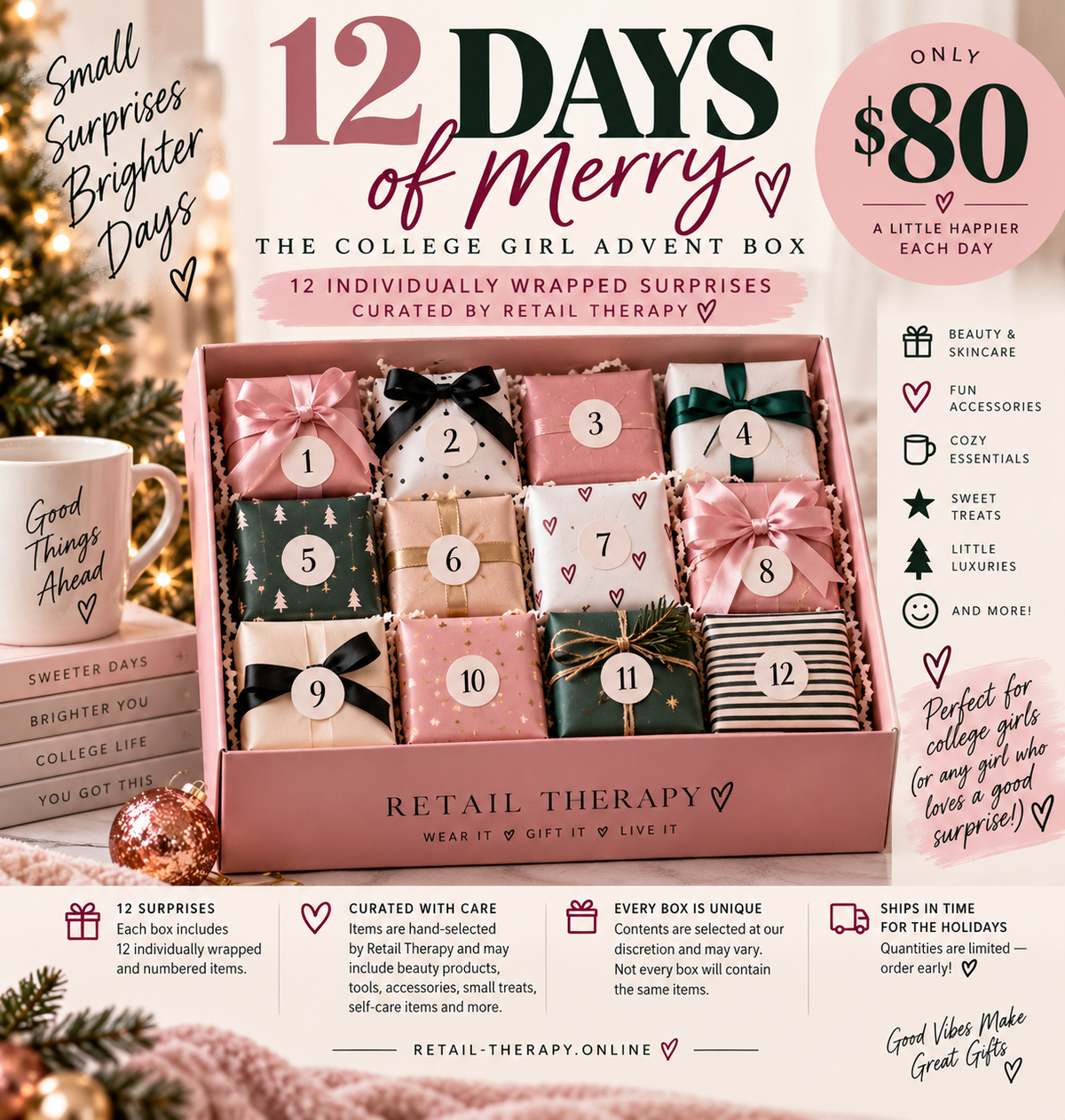 12-day college girl advent box with 12 individually wrapped Christmas surprises